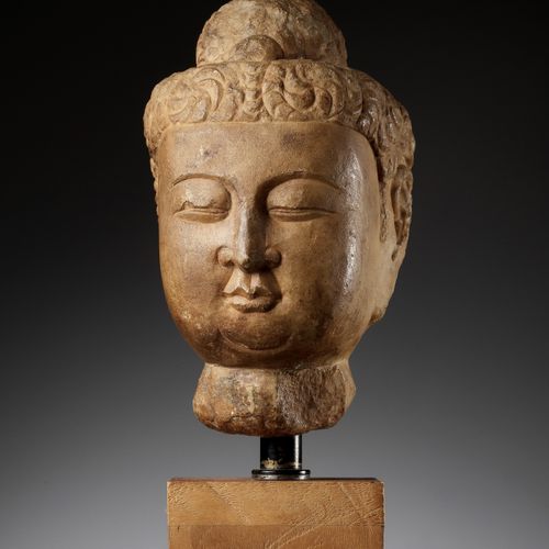 A MARBLE HEAD OF BUDDHA, TANG DYNASTY 唐代大理石菩萨头像
中国，618-907。全脸雕刻着精致的小特征，如轻轻拱起的眉毛下&hellip;