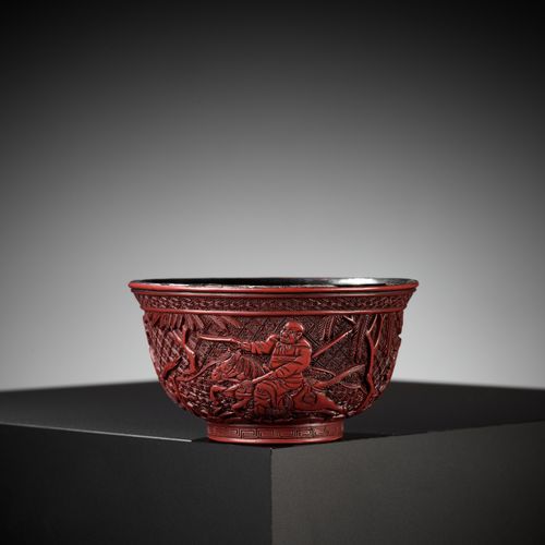 A RARE RED LACQUER 'MONGOL HUNT' BOWL, ATTRIBUTED TO ZHOU ZHU A RARE RED LACQUER&hellip;