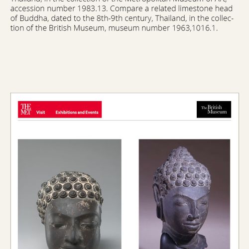 A SANDSTONE HEAD OF BUDDHA SHAKYAMUNI 释迦牟尼佛的砂岩头像
泰国，孟达拉瓦提时期，8-9世纪。脸部表情安详，拱形眉毛下的眼&hellip;