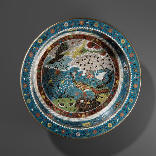 A LARGE ‘BIRDS WORSHIPPING THE PHOENIX’ CLOISONNÉ BASIN, MING DYNASTY GRAND BASS&hellip;