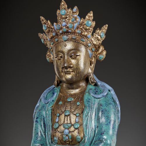 A VERY LARGE ‘ROBIN’S EGG’ ENAMELED AND GILT PORCELAIN FIGURE OF AMITAYUS, QIANL&hellip;
