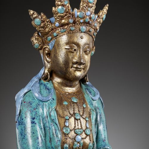 A VERY LARGE ‘ROBIN’S EGG’ ENAMELED AND GILT PORCELAIN FIGURE OF AMITAYUS, QIANL&hellip;