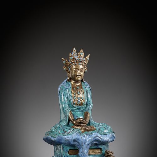 A VERY LARGE ‘ROBIN’S EGG’ ENAMELED AND GILT PORCELAIN FIGURE OF AMITAYUS, QIANL&hellip;