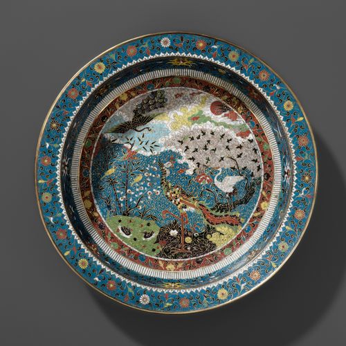 A LARGE ‘BIRDS WORSHIPPING THE PHOENIX’ CLOISONNÉ BASIN, MING DYNASTY GROSSES CL&hellip;