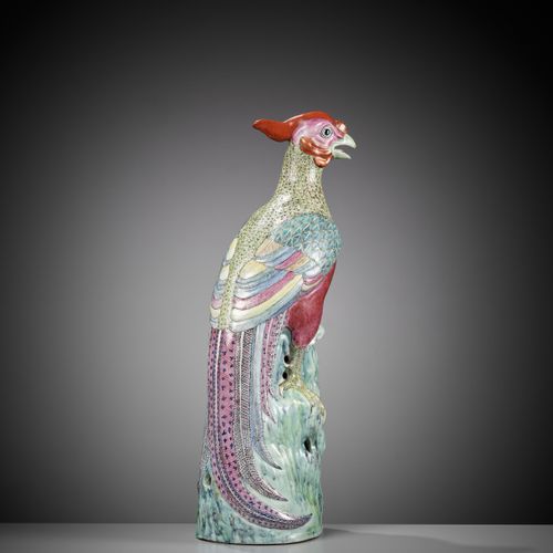 A FAMILLE ROSE FIGURE OF A PHOENIX, PAN YUNLONG MARK, 19TH CENTURY 玫瑰花纹凤凰图，潘云龙款，&hellip;