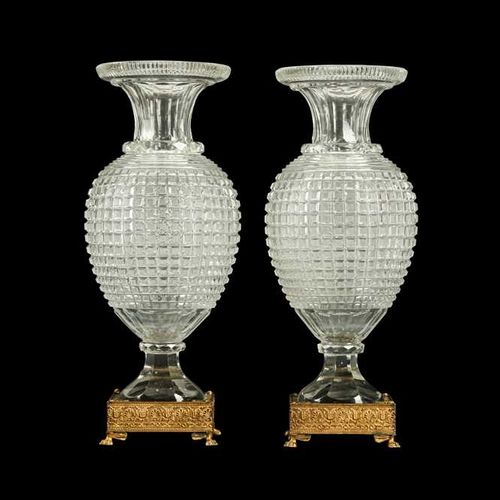 A PAIR OF EARLY 20TH CENTURY ORMOLU AND CUT GLASS VASES, POSSIBLY BACCARAT A PAI&hellip;