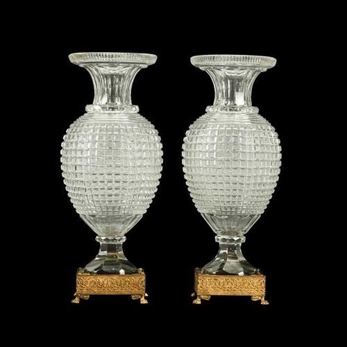 A PAIR OF EARLY 20TH CENTURY ORMOLU AND CUT GLASS VASES, POSSIBLY BACCARAT UNA C&hellip;
