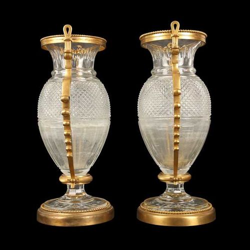 A PAIR OF BELLE EPOQUE STYLE BACCARAT GILT BRONZE MOUNTED GLASS VASES UNA COPPIA&hellip;