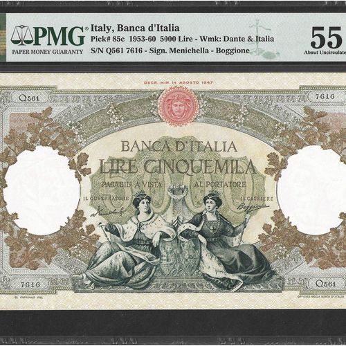 Banknotes Italie, 5000 Lire 24-3-1955 

Ref : Pick# 85c	 

Conservation : PMG AU&hellip;