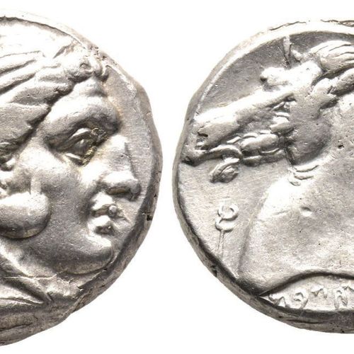 Greek Tétradrachme, Carthage, 350-325 avant J.-C., AG 17.11 g. Avers : Tête de M&hellip;