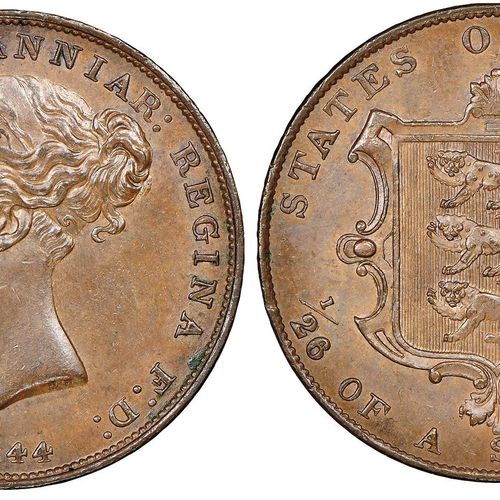 UK Jersey

1/26 Shilling, 1844, Cu

Ref : KM#2

Conservation : NGC MS 62 BN