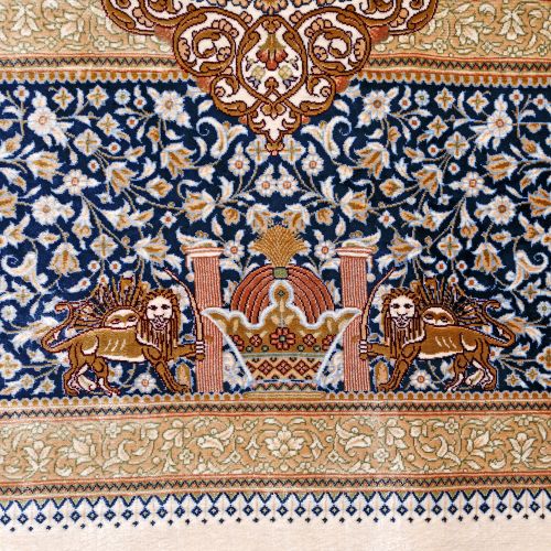 Impressive Qum (Ghom) silk rug on silk warp, decorated with Zoroastrian motifs a&hellip;