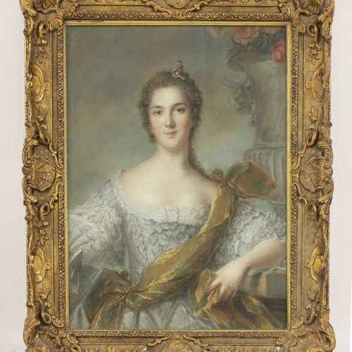 Null 在让-马克-纳蒂埃之后 法国国王路易十五的第五个女儿维克多尔夫人的肖像，半身，身穿白色礼服和棕色腰带，签名为 "E Delaporte, d'apre&hellip;