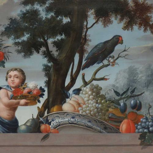 Null 雅各布-博格达尼的追随者 雅各布-博格达尼的追随者 水果和鲜花的静物画，树旁的普陀和鹦鹉 油画 93 x 160cm
