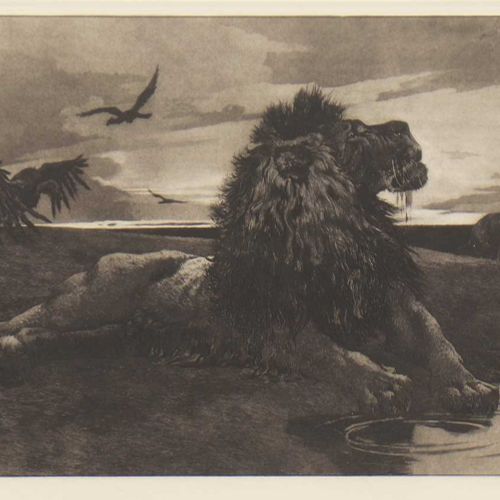 Null Herbert Thomas Dicksee RE (1862-1942) "El león moribundo", un león recostad&hellip;