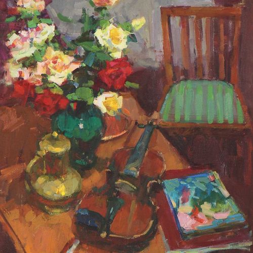 Null Vladimir Shvab (ucraniano, nacido en 1970) Un jarrón de flores, un violín y&hellip;