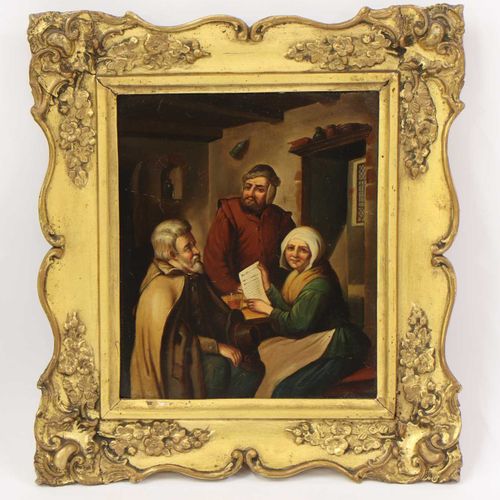 Null 阿德里安-范-奥斯塔德的作品 阿德里安-范-奥斯塔德的作品 有人物阅读信件的室内场景，金属上的油画 19.5 x 16.5cm (2)