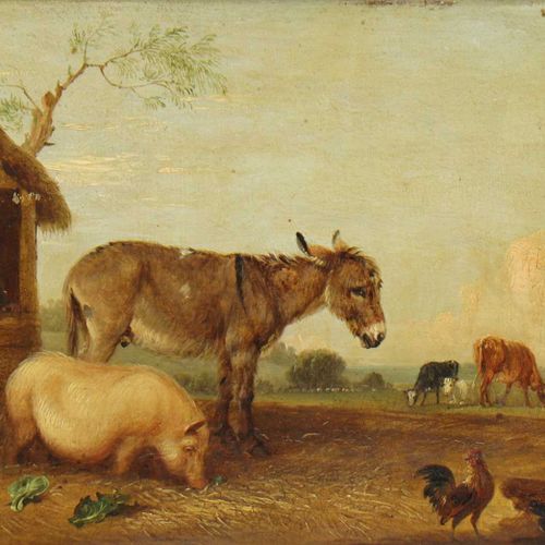 Null 埃德蒙-布里斯托(1787-1876) 埃德蒙-布里斯托(1787-1876) 农场场景，有驴子、猪、公鸡和牛，以及小屋中的两个人物；牛在一个开放的风&hellip;