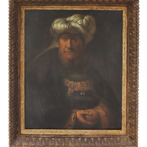 Null 在伦勃朗-凡-赖恩之后 在伦勃朗-凡-赖恩之后 一个穿东方服装的男人的肖像 布面油画 74 x 62cm 原画在德比郡查茨沃斯宫的德文郡收藏中。