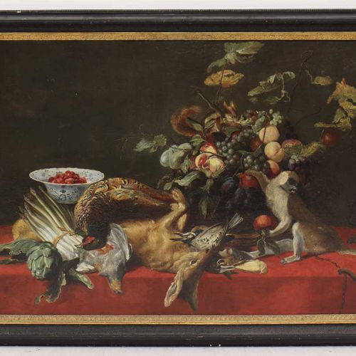 Null 弗朗斯-斯奈德斯的作品 弗朗斯-斯奈德斯的作品 布面油画92 x 132cm，静物画中有水果、蔬菜、死亡的游戏和一只猴子。