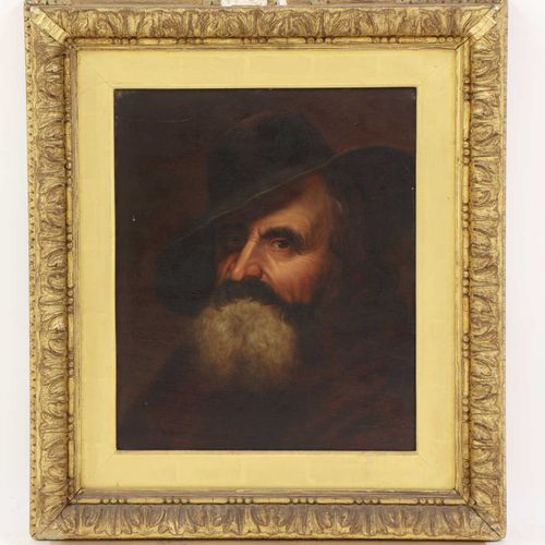 Null 大陆学派，19世纪 大陆学派，19世纪 一个戴着帽子的大胡子男人的肖像 油画，背面嵌有一个刻字的奖章 45 x 37.5厘米 出处彼得和帕特-克罗夫茨&hellip;