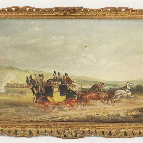 Null 查尔斯-库珀-亨德森的追随者 查尔斯-库珀-亨德森的追随者 一辆马车匆匆穿过一片风景，远处是一场铁路事故 布面油画 38 x 65cm
