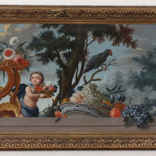 Null 雅各布-博格达尼的追随者 雅各布-博格达尼的追随者 水果和鲜花的静物画，树旁的普陀和鹦鹉 油画 93 x 160cm