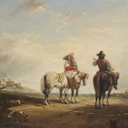 Null 奥古斯都-沃尔-卡尔科特爵士(1779-1844) 奥古斯都-沃尔-卡尔科特爵士(1779-1844) 旅行者在开阔的风景中的道路上交谈，远处有一个村&hellip;