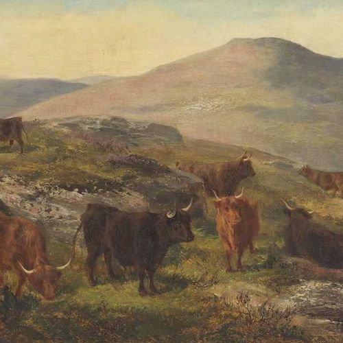 Null Attribuito a Joseph Denovan Adam (1842-1896) Cattle in a highland landscape&hellip;