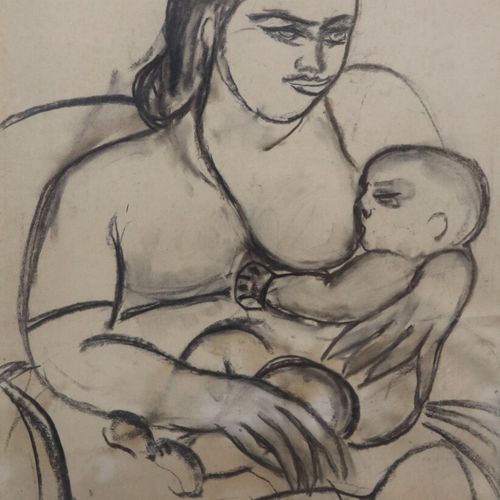 Null Léon SABATIER (1891 - 1965), "Enfant au sein de sa mère", dessin 63.5 x 48.&hellip;