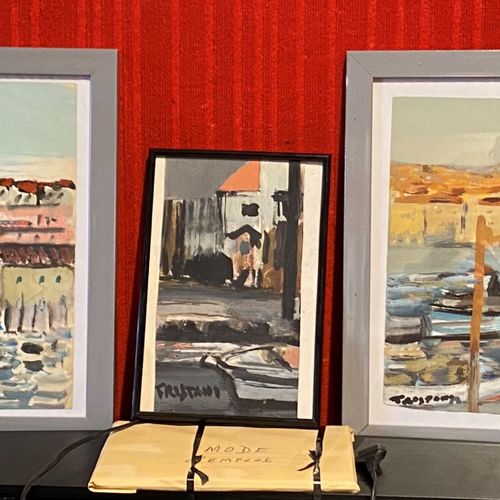 Null Jules TRISTANI (1913-1993) - 3 gouaches sur papiers, vues de bateaux sur un&hellip;