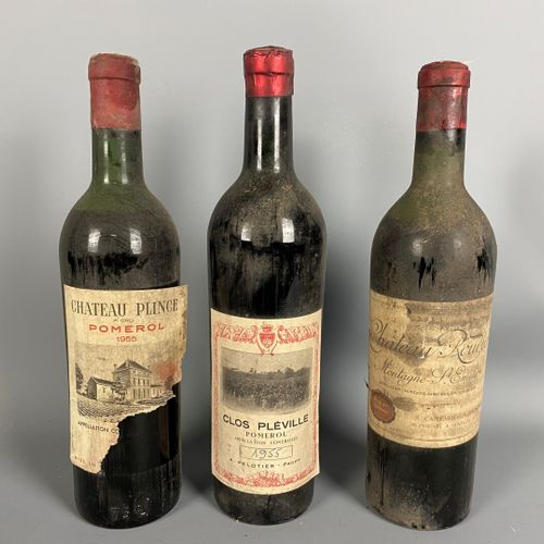 Null Trois bouteilles dont Château Plince, Pomerol 1955 V, ES et EA et déchirée &hellip;