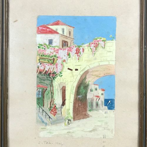 Null J. Tabi (XXème), "Village méditerranéen", aquarelle, signée et datée 1947 e&hellip;