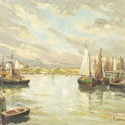 Null 画作 - Frans van Genesen (1887-1945)，有帆船的港口，布面油画，已签名 - 有一些油漆脱落，-38,7 x 49 cm-&hellip;