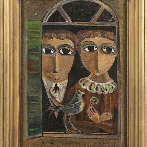Null Pinturas - Yosl Bergner (1920-2017), pareja en la ventana, óleo sobre lienz&hellip;