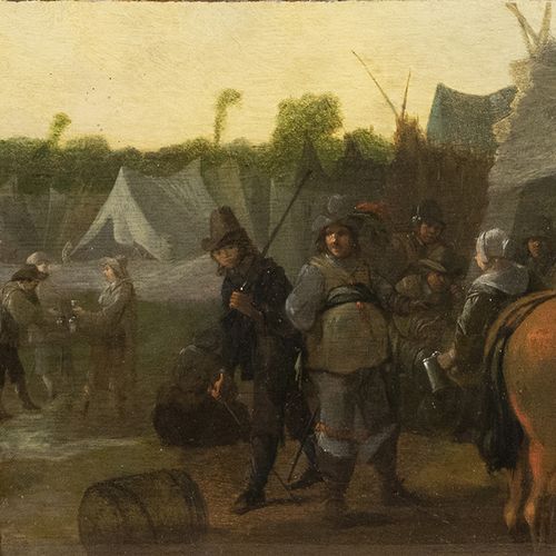 Null 画作--荷兰学校，林地前的人物营地，17世纪，板面油画--20 x 25厘米，重新上漆--。