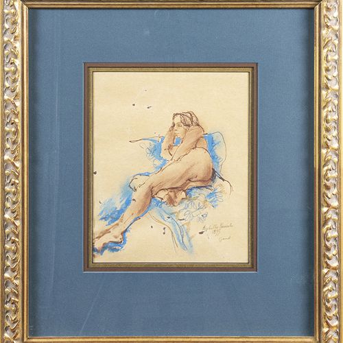 Null 水彩画、粉笔画等。- 比利时学校：拉长的女性裸体，混合媒体，签名为Achille Pouwels，日期为1895年 Gand 22 x 18 cm，签&hellip;