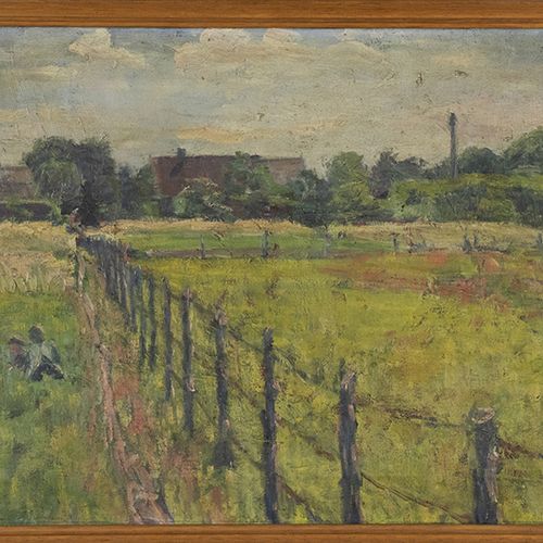 Null Dipinti - Scuola olandese, figure in un prato con fattorie sullo sfondo, no&hellip;