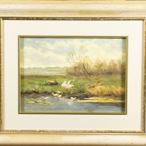 Null 画作 - 荷兰学校：水边的鸭子，板面油画，20世纪下半叶 - 23,8 x 33,2 cm-