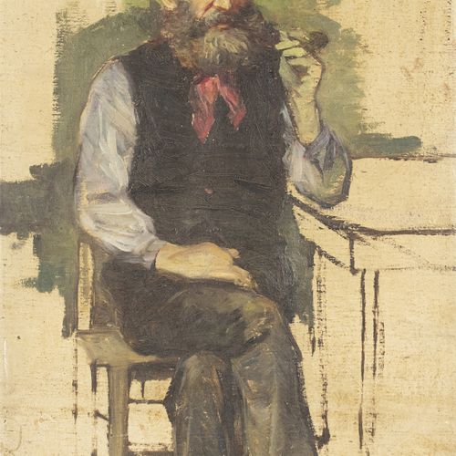 Null 画作 - 皮埃尔-扬森（1865-1952）：《坐在桌子旁的大胡子农民》，布面油画，已签名 -55 x 38 cm-。