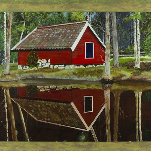 Null Gemälde - Niederländische Schule: Skandinavische Blockhütte, Öl auf Leinwan&hellip;