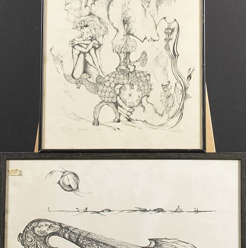 Null 蚀刻版画、雕刻版画、丝网版画等。- David Tzur (1930)，两幅石版画："小提琴"，191/225，签名-34 x 49 cm-和 "无标&hellip;