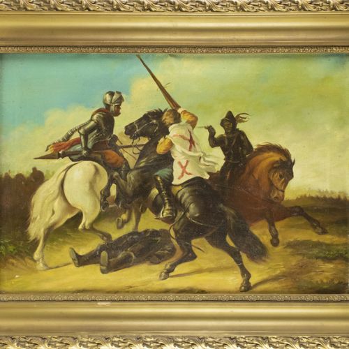 Null 画作--战斗中的骑士，布面油画，无签名，20世纪--43 x 63,5厘米，有掉漆点--。