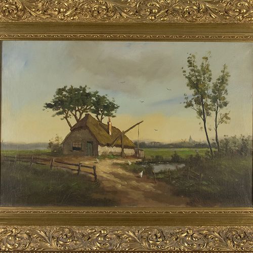 Null Paintings - Dutch School: landscape with farm house, oil on canvas, signed &hellip;