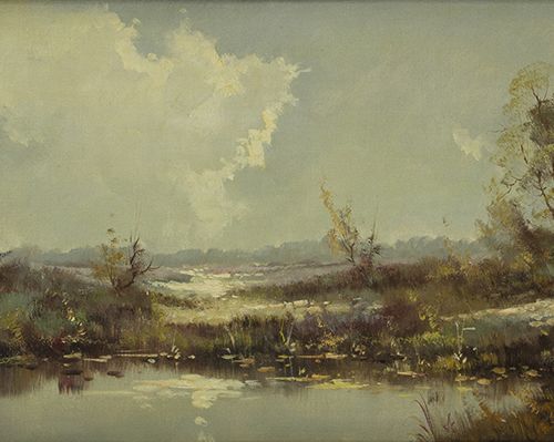 Null 画作 - 荷兰学校：有池塘的石楠风景，布面油画，签名为J.Pol，铃木时期 -38,5 x 78,5 cm