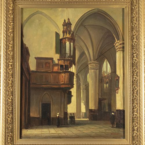Null 画作 - 荷兰学校：17世纪荷兰新教教堂内部，布面油画，署名Manuel，20世纪上半叶 - 48 x 38 cm-