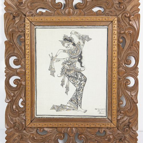 Null 亚洲艺术和物品 - 一幅亚麻布画，画的是巴厘岛的舞者，用黄金突出，署名 "Nu"。Kumpati(?)/Batuan/Bali"，雕花木框，印度尼西亚&hellip;