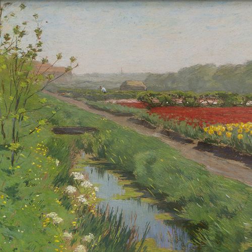 Null 画作 - Anthonie Louis Koster (1859-1937)，沿路和水边的郁金香花田，纸上粉彩，有签名，玻璃下有框 -32,5 x 4&hellip;