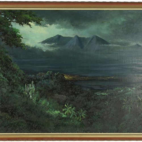 Null 画作 - 印度尼西亚学校：印度尼西亚城镇夜景，布面油画，签名：D. Saleh - 66 x 98 cm -