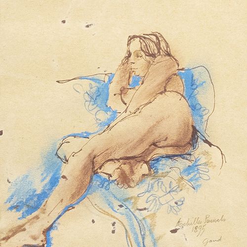 Null 水彩画、粉笔画等。- 比利时学校：拉长的女性裸体，混合媒体，签名为Achille Pouwels，日期为1895年 Gand 22 x 18 cm，签&hellip;